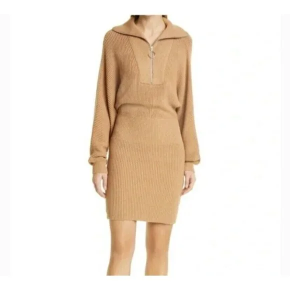 staud brown knit dress STAUD Marylebone Brown Tan Balloon Long Sleeve Knit Mini Bodycon Sweater  Dress M
